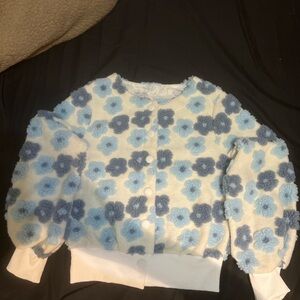 Daisy Cream Sweater with Light and Medium Blue Floral Appliqué
